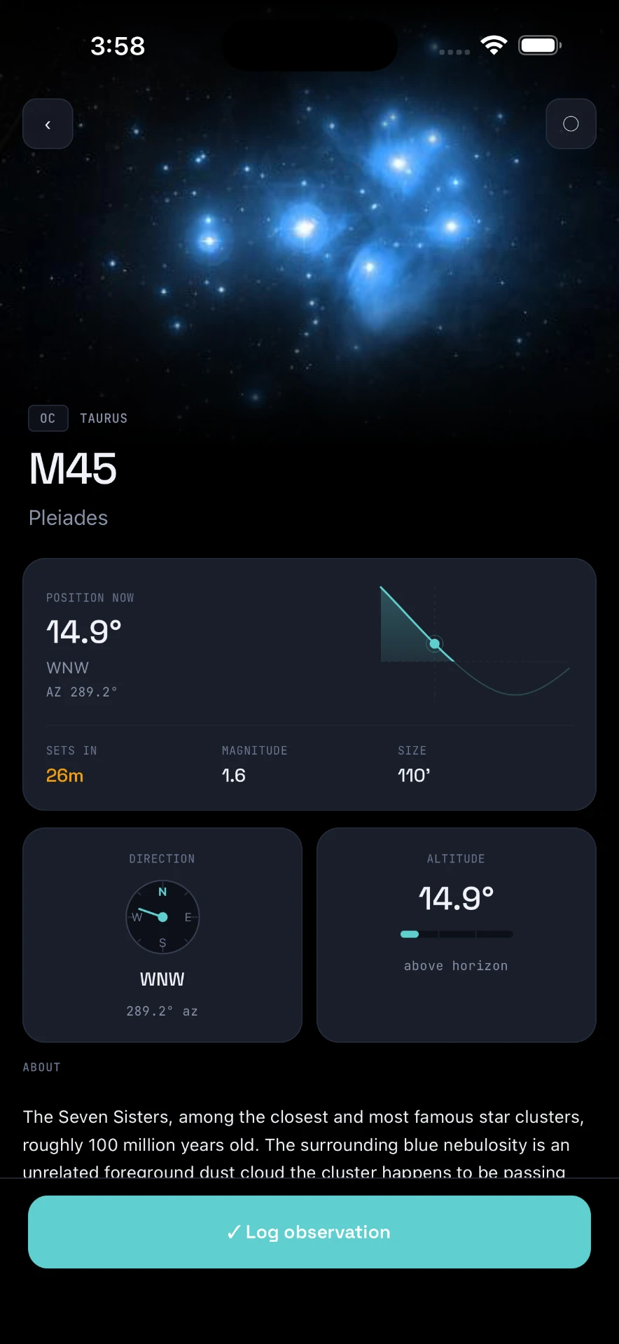 MessierMate object detail screen for M45 Pleiades with position, magnitude and log observation button