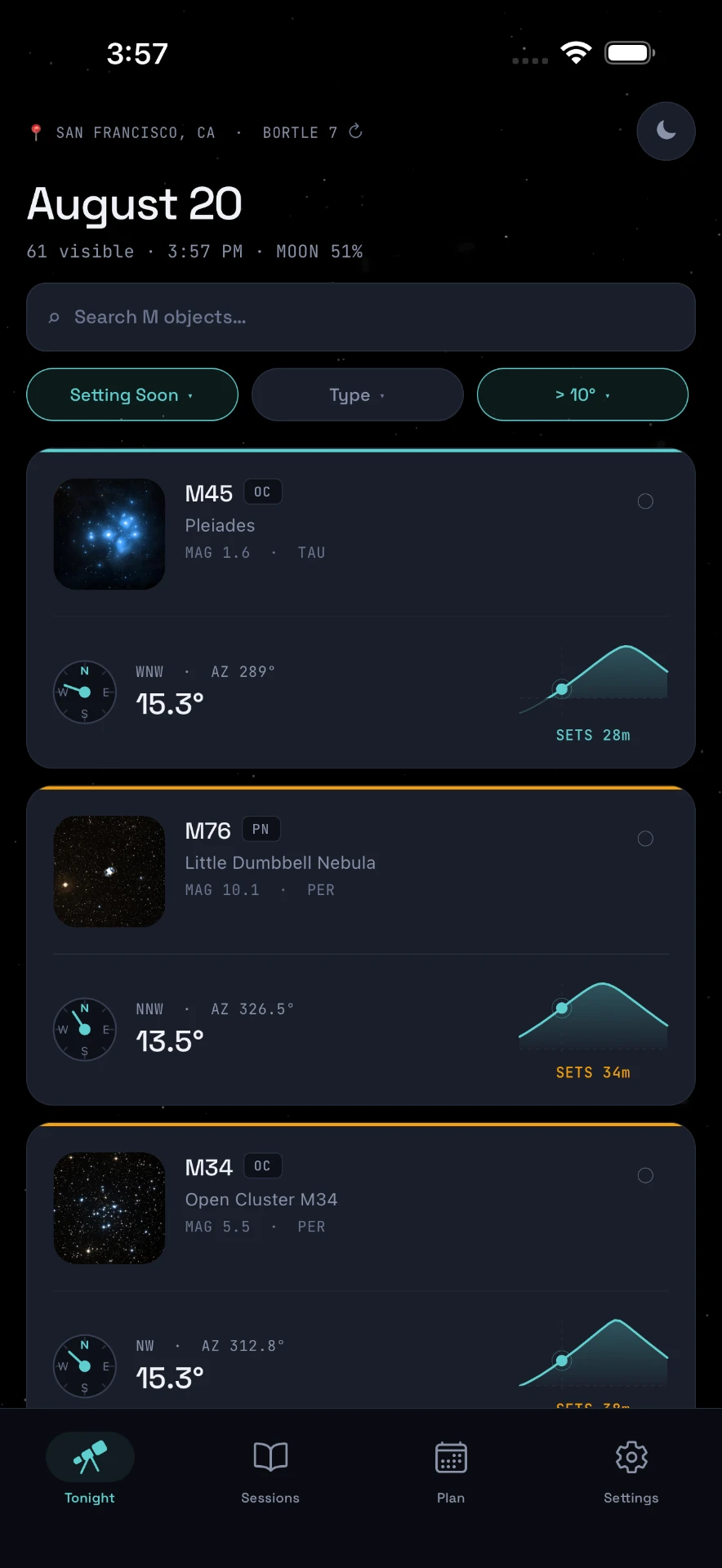MessierMate Tonight screen listing Messier objects visible now with altitude and set times