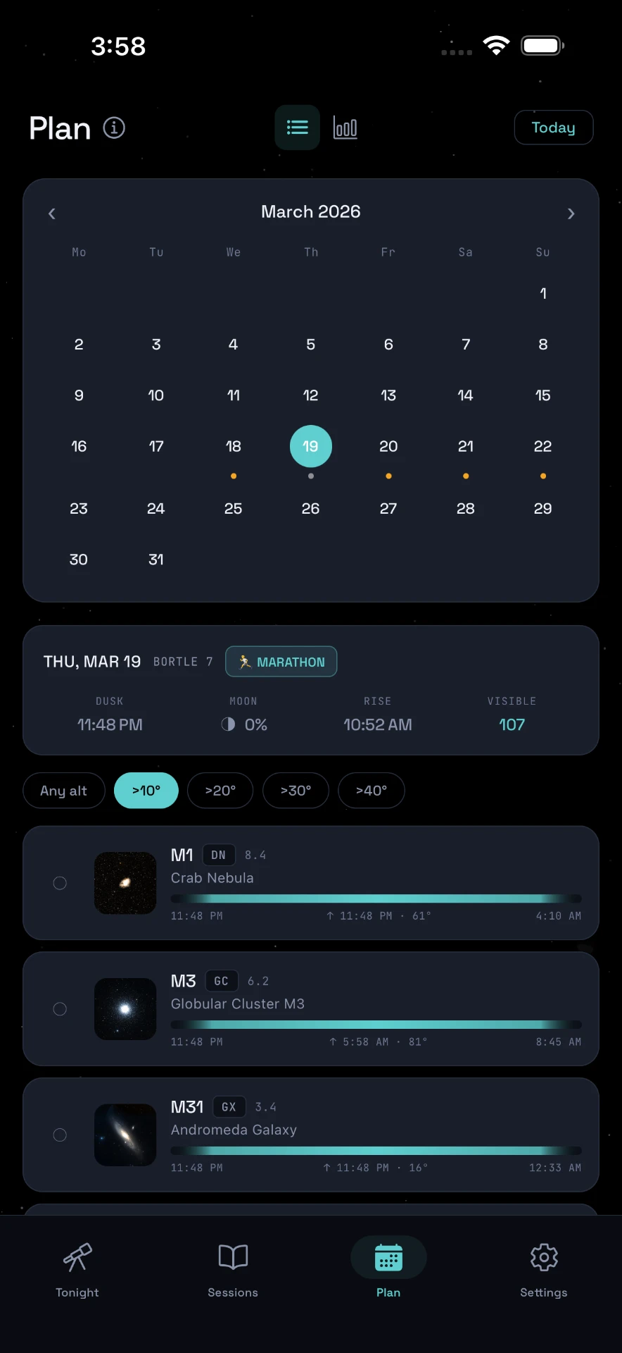 MessierMate Plan screen with an observing calendar and per-night object visibility windows